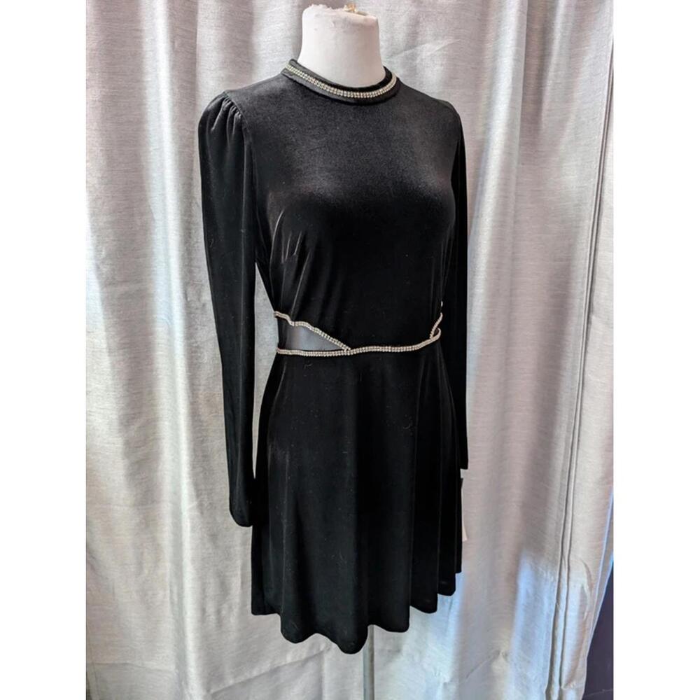 Black Velvet Rhinestone Cut out Dress 6 NWT